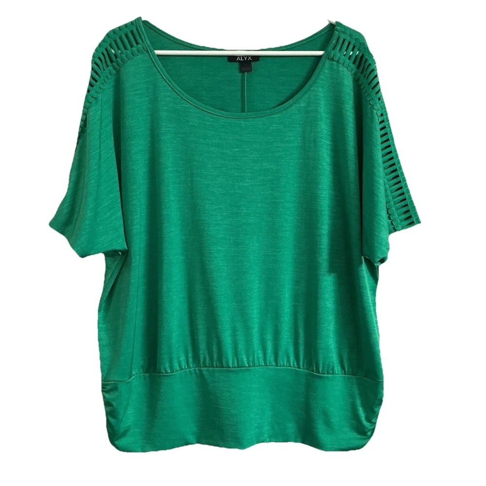 ALYX Blouse Women's Size 2X Short Sleeve Top‎ Emerald Green Open Cut Bottom Band